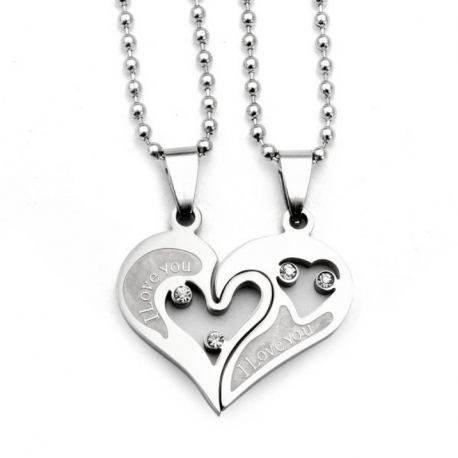 Pendentifs homme femme couple coeur sécables en acier et 2 chaines