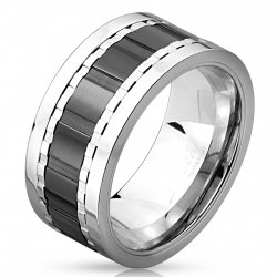 Bague anneau homme acier inoxydable bicolore bande noire rotative 10mm