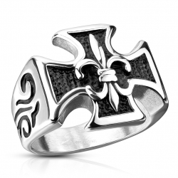 Bague chevalière homme acier en forme croix de malte fleur de lys