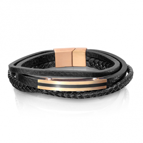 Bracelet homme cuir noir tressé fermoir acier mat avec plaque ovale acier  au dos