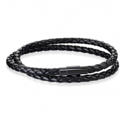 Bracelet homme cuir double liens et fermoir cylindrique acier noir