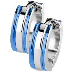 PAIRE BOUCLES D'OREILLES FEMME HOMME ACIER 2 BANDES PLAQUÉ BLEU