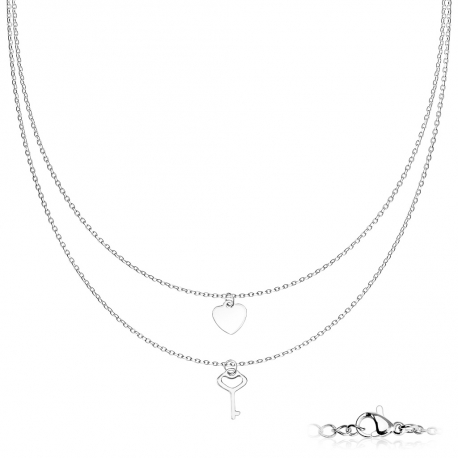 Parure femme double chaine fine et pendentifs coeur clé en acier