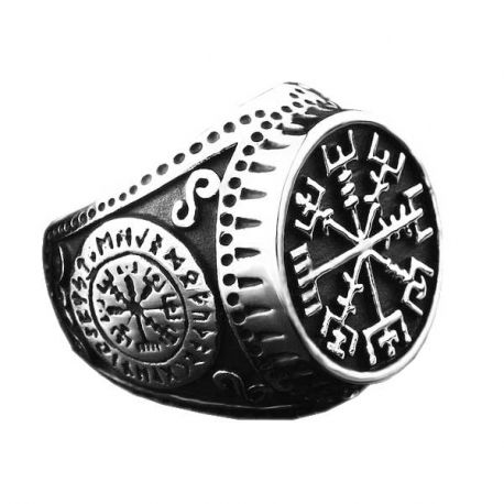 Bague chevalière homme acier boussole nordique vegvisir navire viking