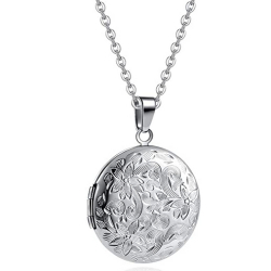 Pendentif femme acier médaillon rond porte photo fleur et chaine fine