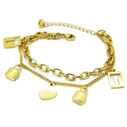 Bracelet réglable femme acier doré or multirang breloques love coeur cadenas