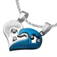 PENDENTIF POUR HOMME FEMME ADO EN ACIER 316L SEPARABLE EN 2 IDEAL COUPLE AMOUREUX I LOVE YOU BLEU + 2 CHAINES BOULES NEUF