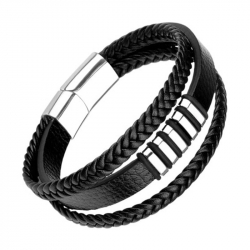 Bracelet classe pour homme en cuir noir à triple liens et fermoir acier aimanté