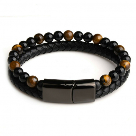 Bracelet homme cuir tressé perles naturelles oeil de tigre onyx et fermoir acier