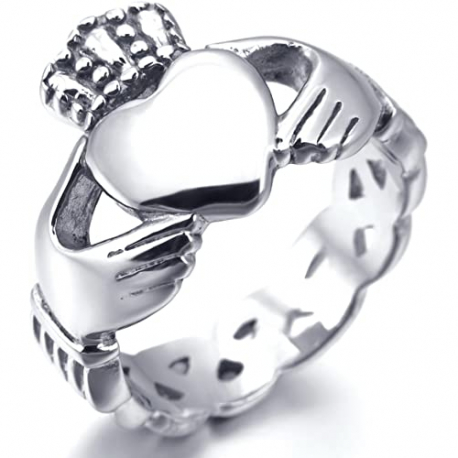 Bague anneau femme acier coeur mains couronne claddagh amitié amour