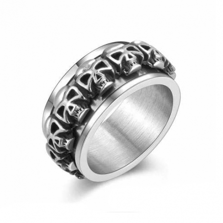 Bague anneau homme acier entouré de multiples têtes de mort biker