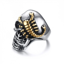 Bague chevalière homme tête de mort crâne en acier et scorpion doré or biker