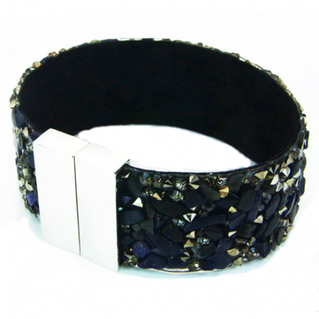 Bracelet femme manchette pierre naturelle cristaux noir et fermoir acier