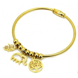 Bracelet femme cable éléphant alliant main fatma arbre de vie en acier doré