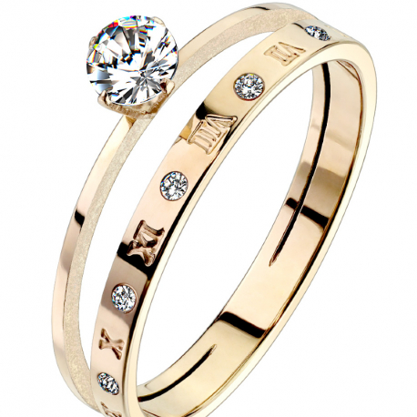 Bague anneau alliance mariage femme acier cuivré ornée zircon chiffres romains