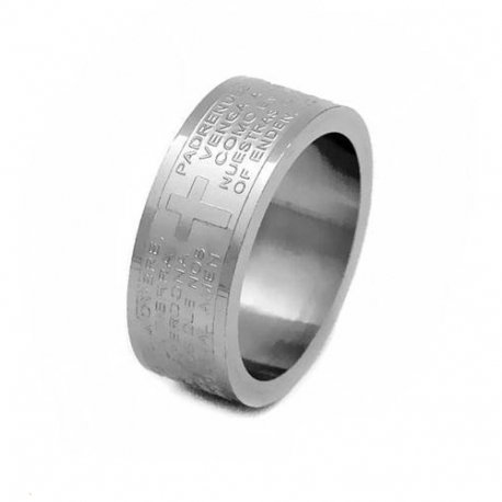 BAGUE BIJOU HOMME ADO ANNEAU ACIER NEUVE BIBLE PRIERE NOTRE PERE