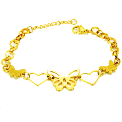 Bracelet pour femme en acier or doré breloques papillons coeurs