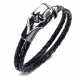 Bracelet homme double liens cuir noir fermoir acier tête de mort crâne 22cm