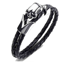 Bracelet homme double liens cuir noir fermoir acier tête de mort crâne 22cm