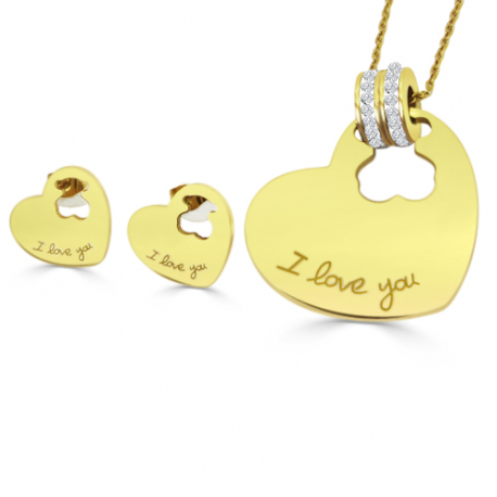 Parure femme pendentif et boucles d'oreilles coeur nounours i love you cristaux acier doré or