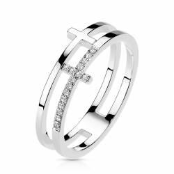 Bague anneau femme acier couleur argent double croix zirconiums