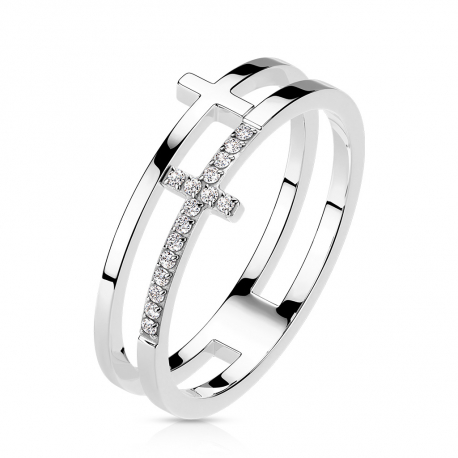 Bague anneau femme acier couleur argent double croix zirconiums