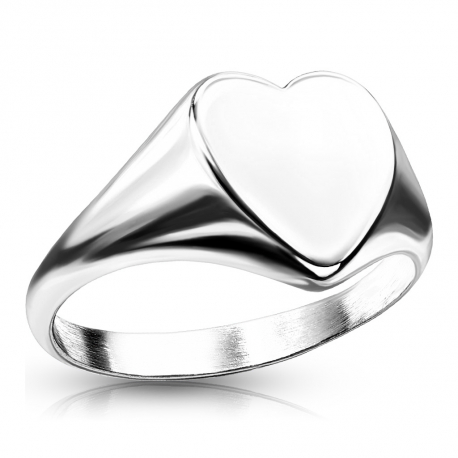 Bague chevalière pour femme acier couleur argent forme de coeur à graver