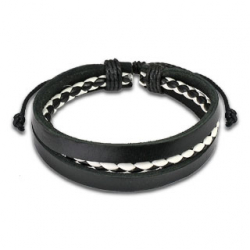Bracelet réglable homme cuir tressé triple liens couleur noir et blanc