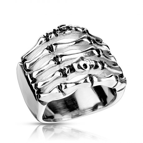 Bague homme acier massif main squelette poing américain biker gothique