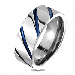 Bague anneau de fiançailles femme homme couple titane striures bleues