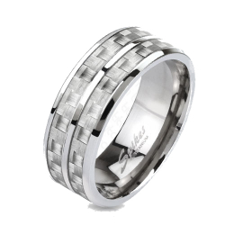 Bague anneau pour homme titane et 2 bandes fibres de carbone blanche