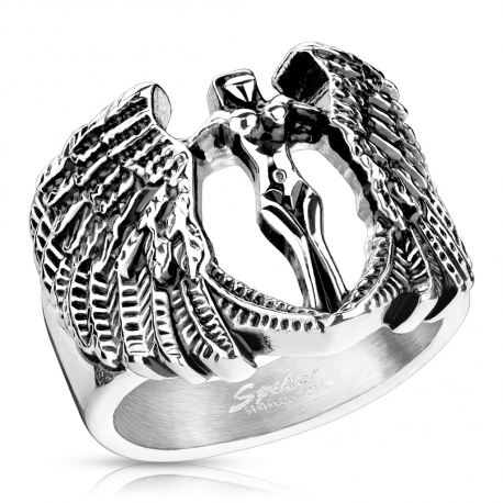 Bague homme acier inoxydable déesse femme ange crucifiée biker gothique