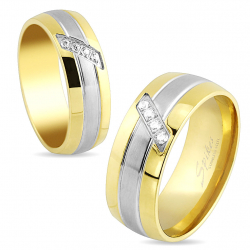 Bague anneau de fiançailles femme homme acier plaque or sertie zircon