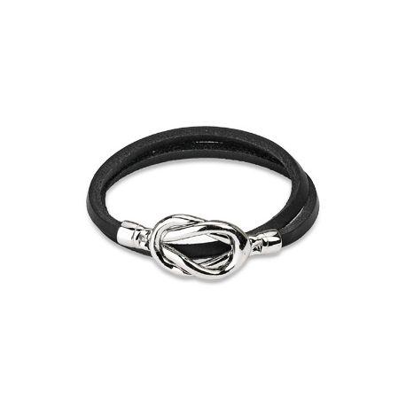 Bracelet femme double lien cuir noir fermoir 2 noeuds acier sexy 19cm
