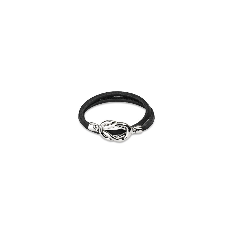 Bracelet femme double lien en cuir noir fermoir 2 noeuds acier 19cm