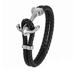 Bracelet homme double liens cuir noir fermoir acier ancre marine 22cm