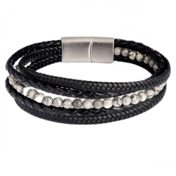 Bracelet cuir noir multi rangs et pierres grises fermoir acier aimanté