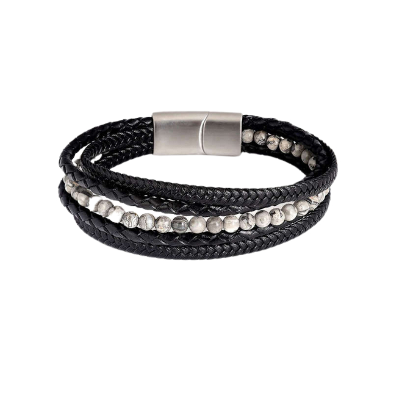 Bracelet cuir noir multi rangs et pierres grises fermoir acier aimanté