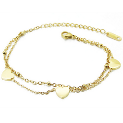 Bracelet femme acier or doré à l'or fin double chainette coeur