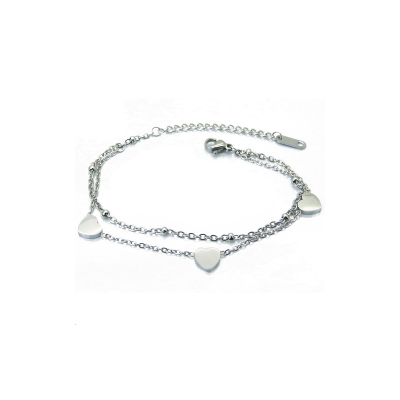 Bracelet femme acier inoxydable double chainette breloques coeur