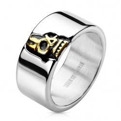 Bague chevalière homme acier pierre onyx noire fleur de lys gothique