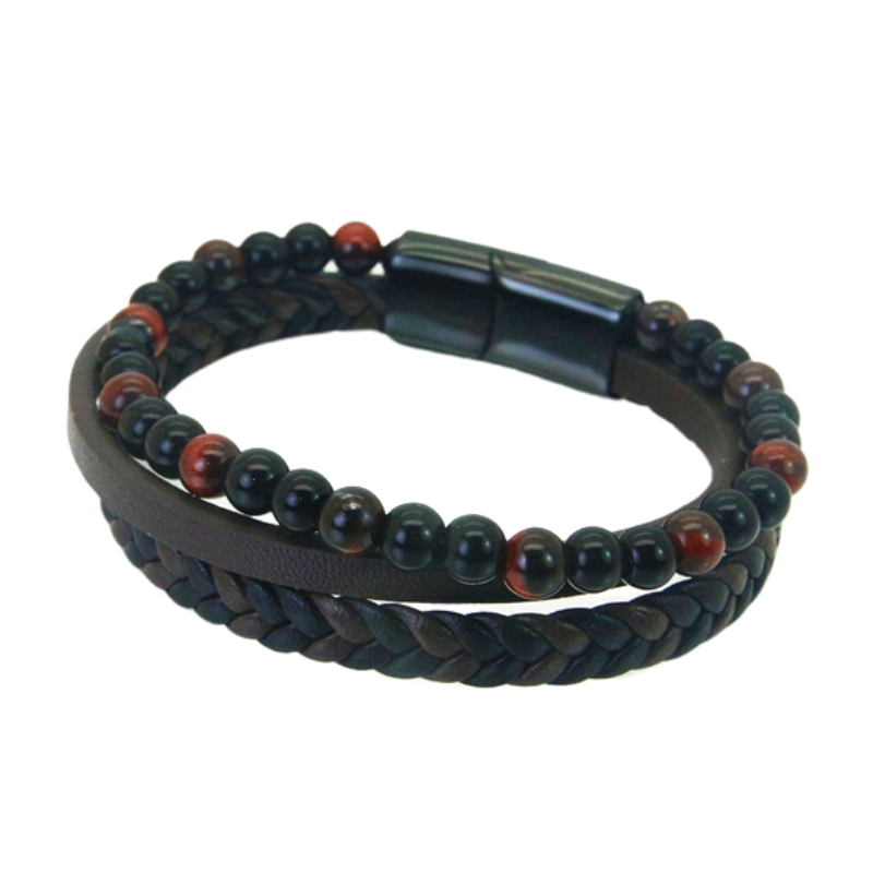 Bracelet Homme Cuir & Perles Œil de Tigre