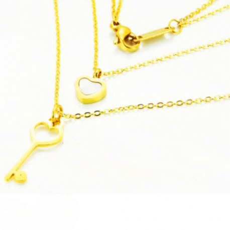 Parure femme acier doré or fin double chaine fine 40cm et pendentifs coeur clé