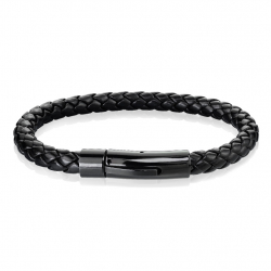 Bracelet homme cuir et fermoir cylindrique acier inoxydable noir 19cm