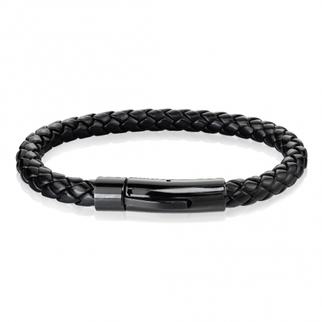 Bracelet homme cuir et fermoir cylindrique acier inoxydable noir 19cm