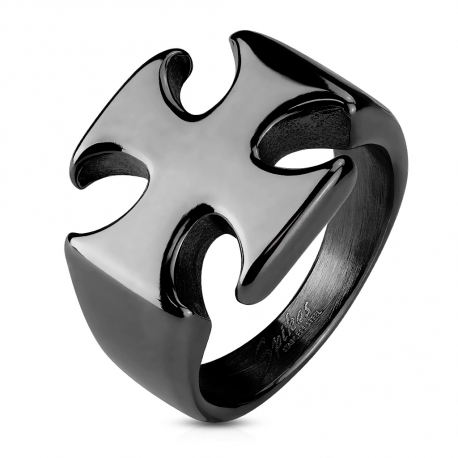 Bague chevalière homme acier pierre onyx noire fleur de lys gothique