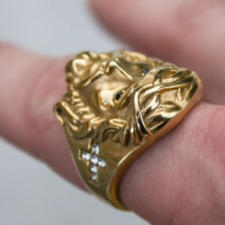 Gold-plated men's signet ring face Jesus Christ cross set