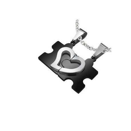 PENDENTIF POUR HOMME FEMME ADO EN ACIER 316L SECABLE EN 2 IDEAL COUPLE AMOUREUX COEUR PUZZLE NOIR + 2 CHAINES BOULES NEUF