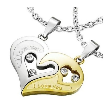 Pendentifs Chaine Coeur sécable se séparant en 2 pour couple amoureux en acier et plaqué or 18 carats