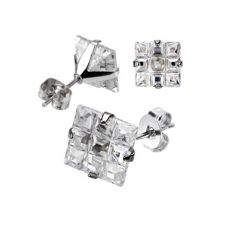 PAIRE BOUCLES D'OREILLES POUR HOMME FEMME ADO TIGE FERMOIR ACIER 9 CARRE ZIRCON DIAMS BLANCHE NEUVE diamètre 5mm 6mm 7mm